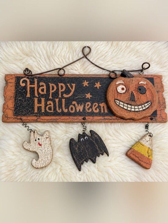 Halloween Other - Vintage Style Happy Halloween Pumpkin Ghost Bat Candy Corn Hanging Sign Decor